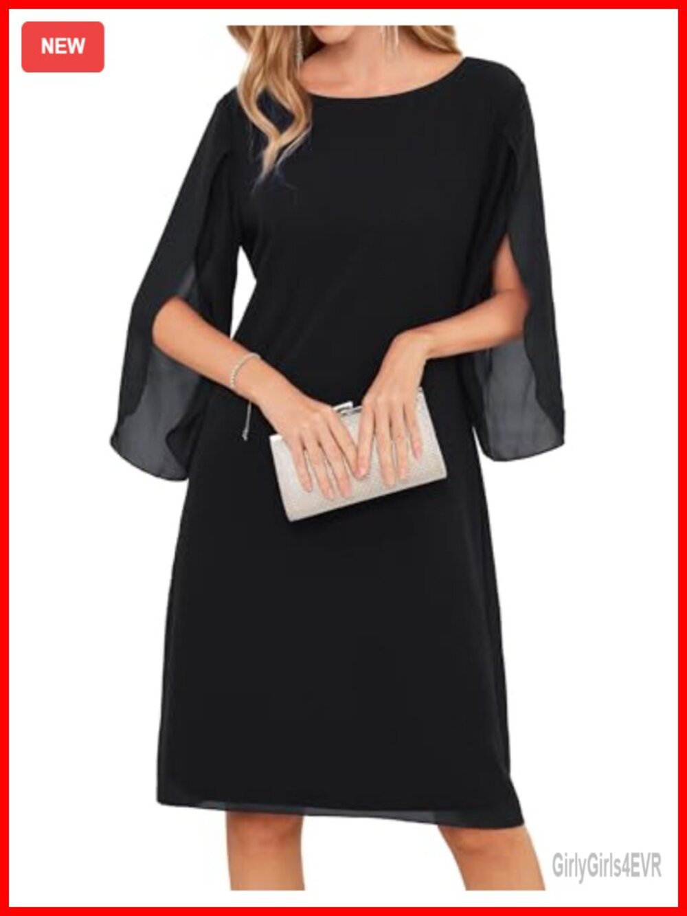 Formal Wedding Guest Chiffon Midi Dress 3/4 Petal Sleeve